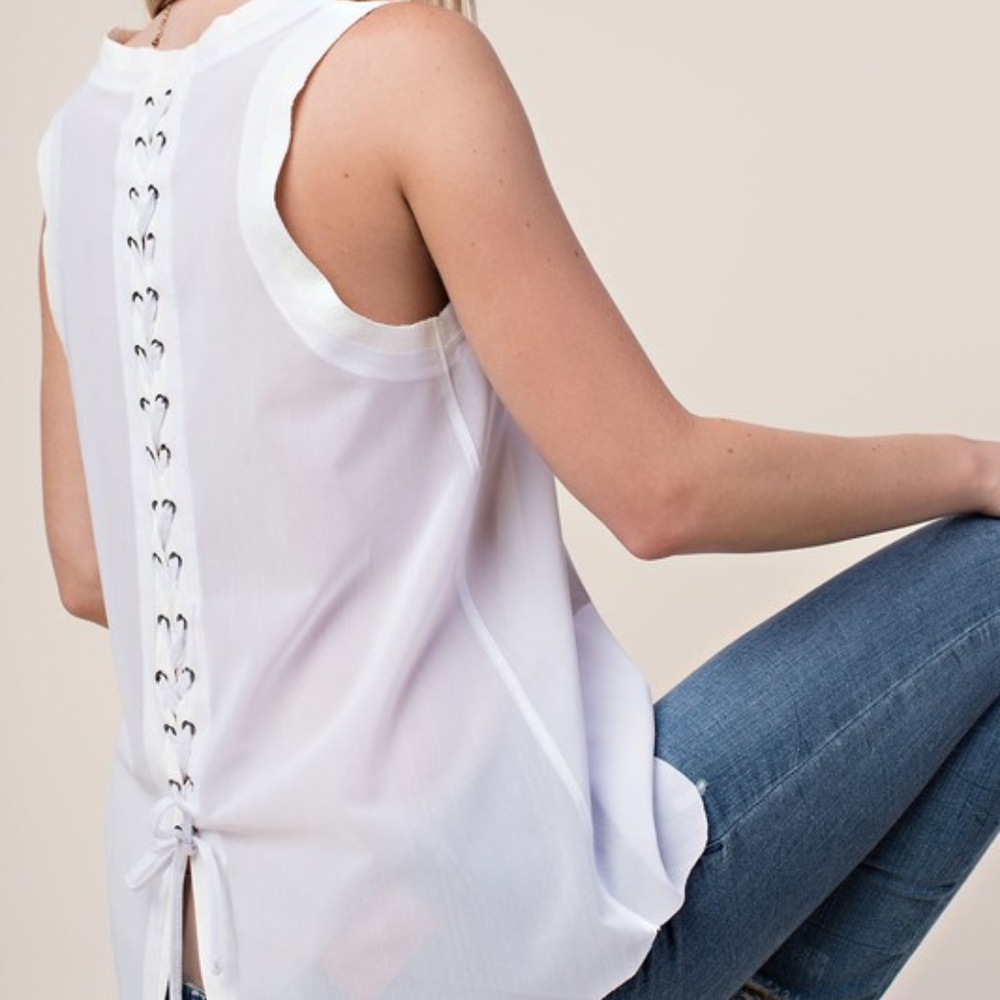 SLEEVELESS A-LINE TOP lace-up detail white SM-XLG
